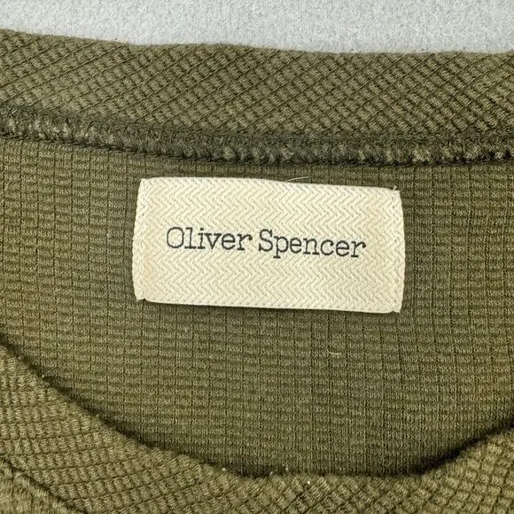 Oliver Spencer Thermal L Olive Green Long Sleeve Waffle Cotton Pullover Shirt - Picture 5 of 8